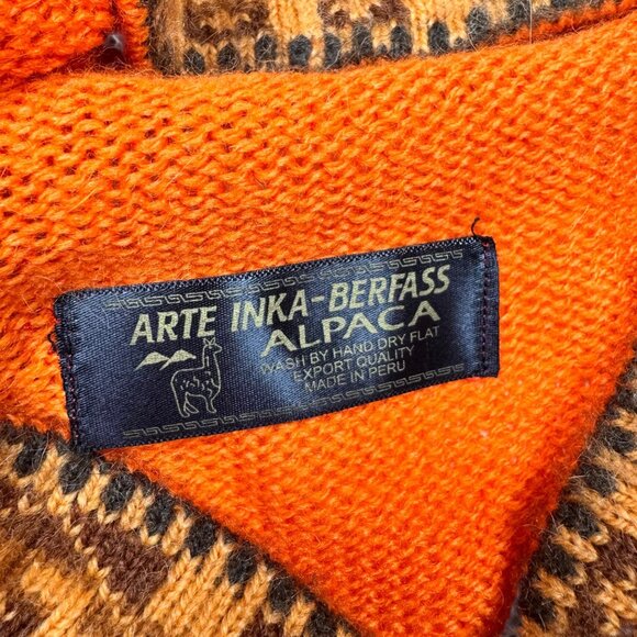 VTG 100% Alpaca Hooded Fringe Sweater Sz.S Orange Cabin Aztec Western Cowgirl - Picture 6 of 14